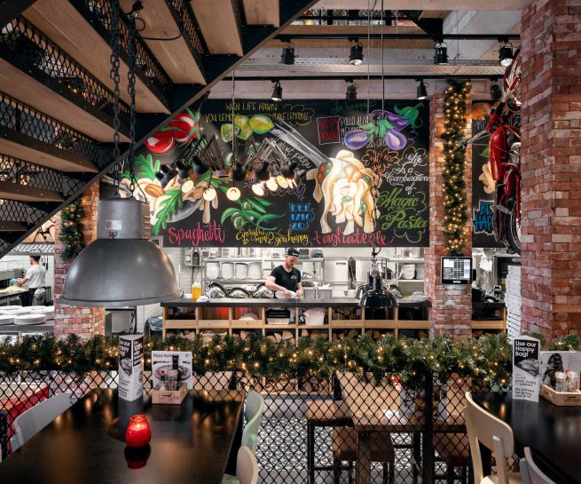 zicht naar keuken vanuit restaurant